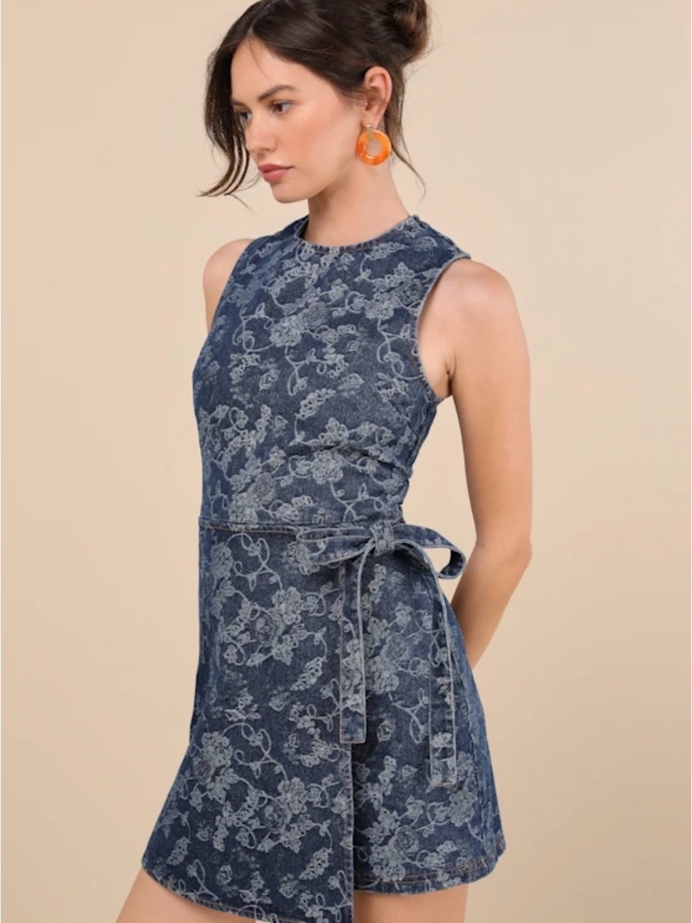 Lulu's Albena Dark Wash Floral Denim Sleeveless Mini Wrap Dress (NWT)